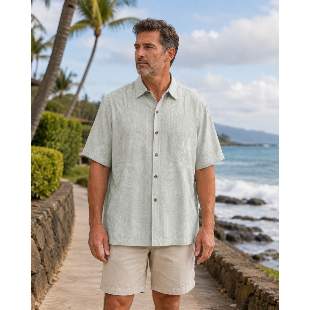 Tommy Bahama Shirt Mens XXL Green Silk Jacquard Leaf Camp Short Sleeve Button Up